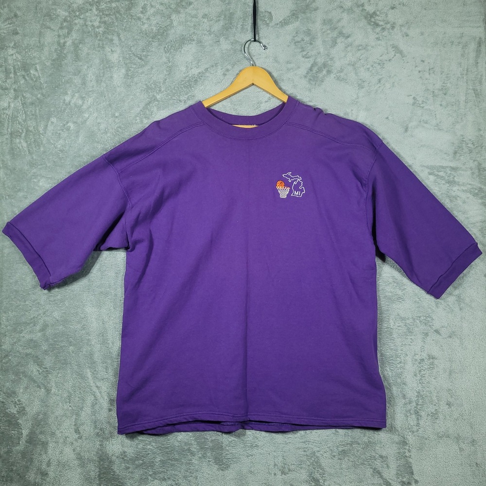 Vtg Michigan Basketball Sweatshirt Mens XL Discus Athletic Purple Short Sleeve